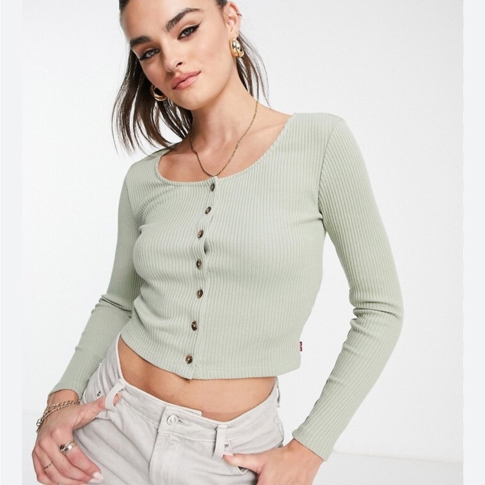 Levi’s Button Down Ribbed Long Sleeve Sage Green Cropped Top Sz L